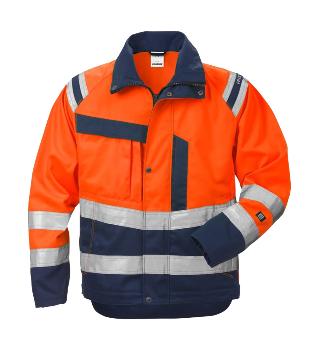 Warnschutzjacke aus schmutz-, öl- und wasserabweisendem Material mit dunklem Kontrastmaterial an besonders beanspruchten Stellen.